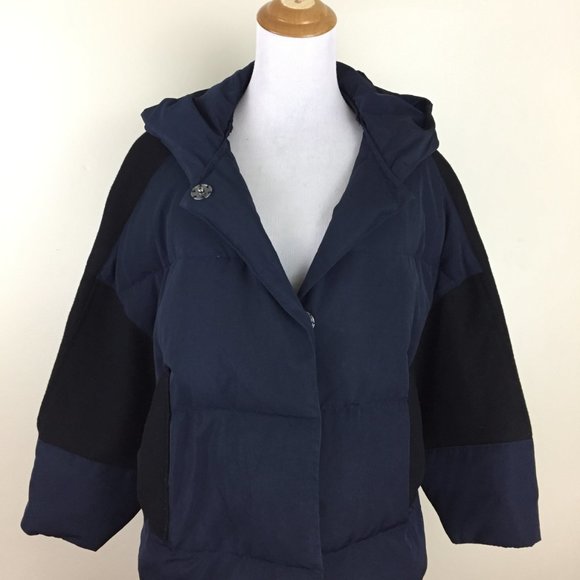BASIC HOUSE Black Dark Blue Wool Blend Hoodie Duck Down Puffer Oversized Jacket - Picture 8 of 16
